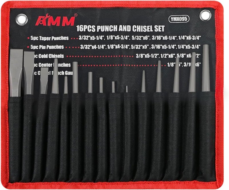 AMM 16PCS Punch and Chisel Set, including Taper Punch, Cold Chisels, Pin Punch and Center Punch, Cr-V for Working with Wood, Metal, Automotive - Image 1
